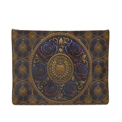 Front view of the Smooth Nappa Leather Clutch Bag featuring a large central gold medallion, TRP monogram, and dark metallic embossed roses.