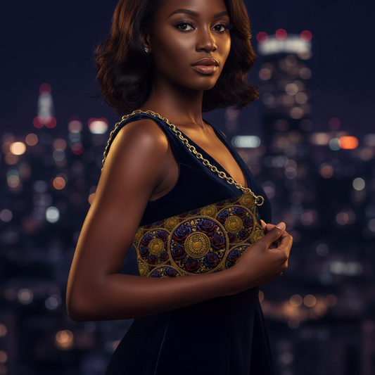 A woman holding the Floral Embosses foldover evening bag against a blurred nighttime city skyline background.