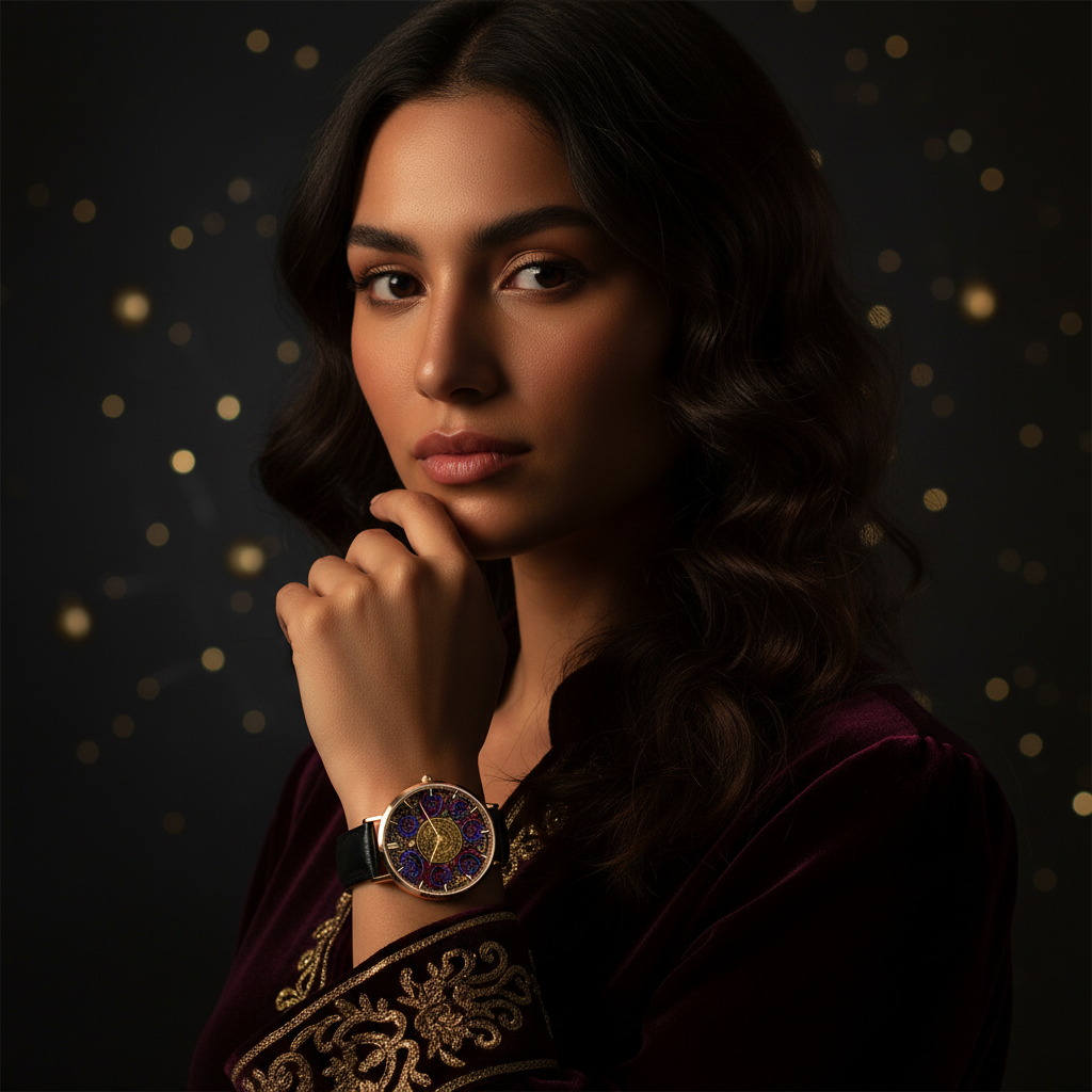 A woman modeling the ultra-thin rose gold watch with a black leather strap, showcasing the ornate dark blue and red rose watch face.