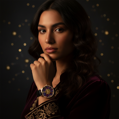 A woman modeling the ultra-thin rose gold watch with a black leather strap, showcasing the ornate dark blue and red rose watch face.