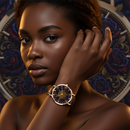 A close-up of a woman wearing the Floral Embosses (01) rose gold watch with a brown leather strap, featuring a blue and purple rose dial.
