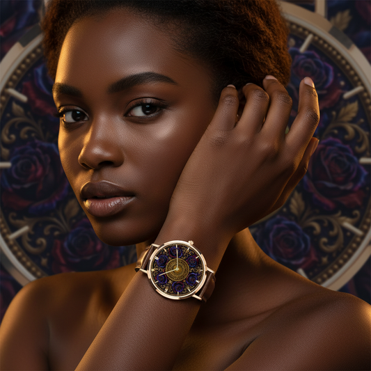 A close-up of a woman wearing the Floral Embosses (01) rose gold watch with a brown leather strap, featuring a blue and purple rose dial.