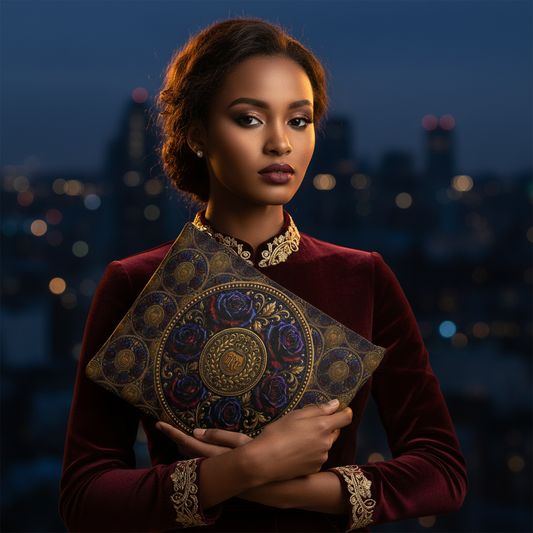 Elegant woman in a velvet dress holding the Floral Embosses: Nocturnal Sanctuary large leather clutch bag against a blurred night city skyline.