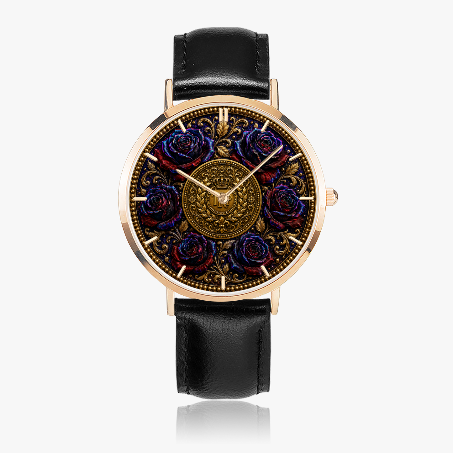 Front-facing product shot of the Floral Embosses (01) rose gold quartz watch paired with a sleek, polished black leather strap.