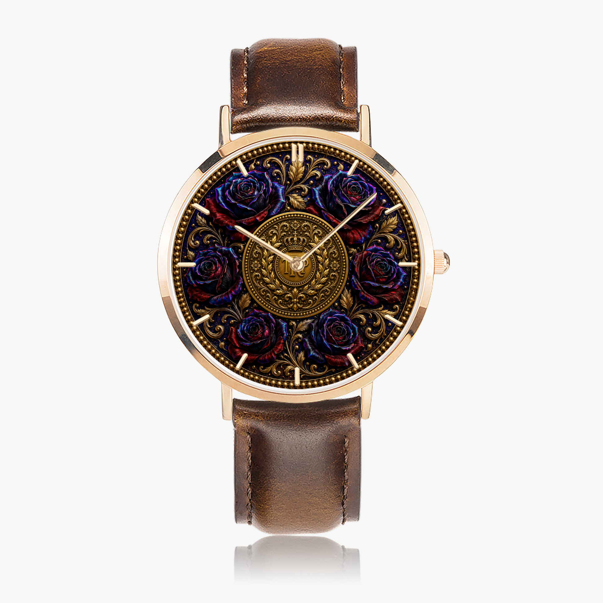 Flat lay of the Floral Embosses (01) rose gold quartz watch featuring a gold signature medallion dial and a brown textured leather strap.