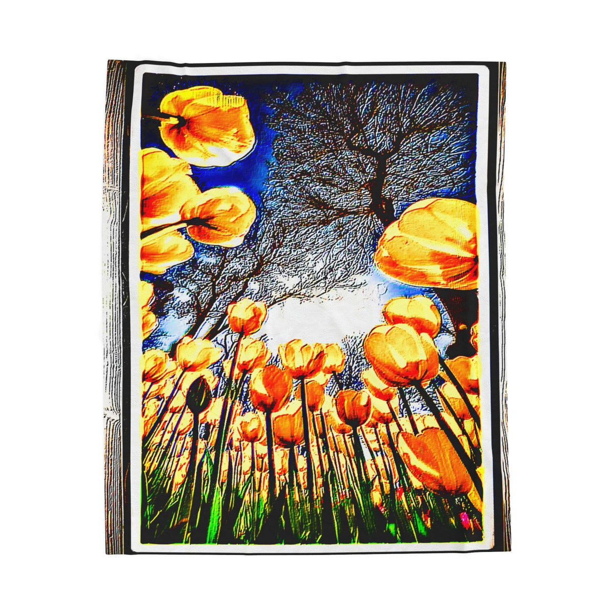 Full flat lay of The Garden Beyond the Winter velveteen plush blanket showing upward-view floral artwork with golden tulips and blue sky.