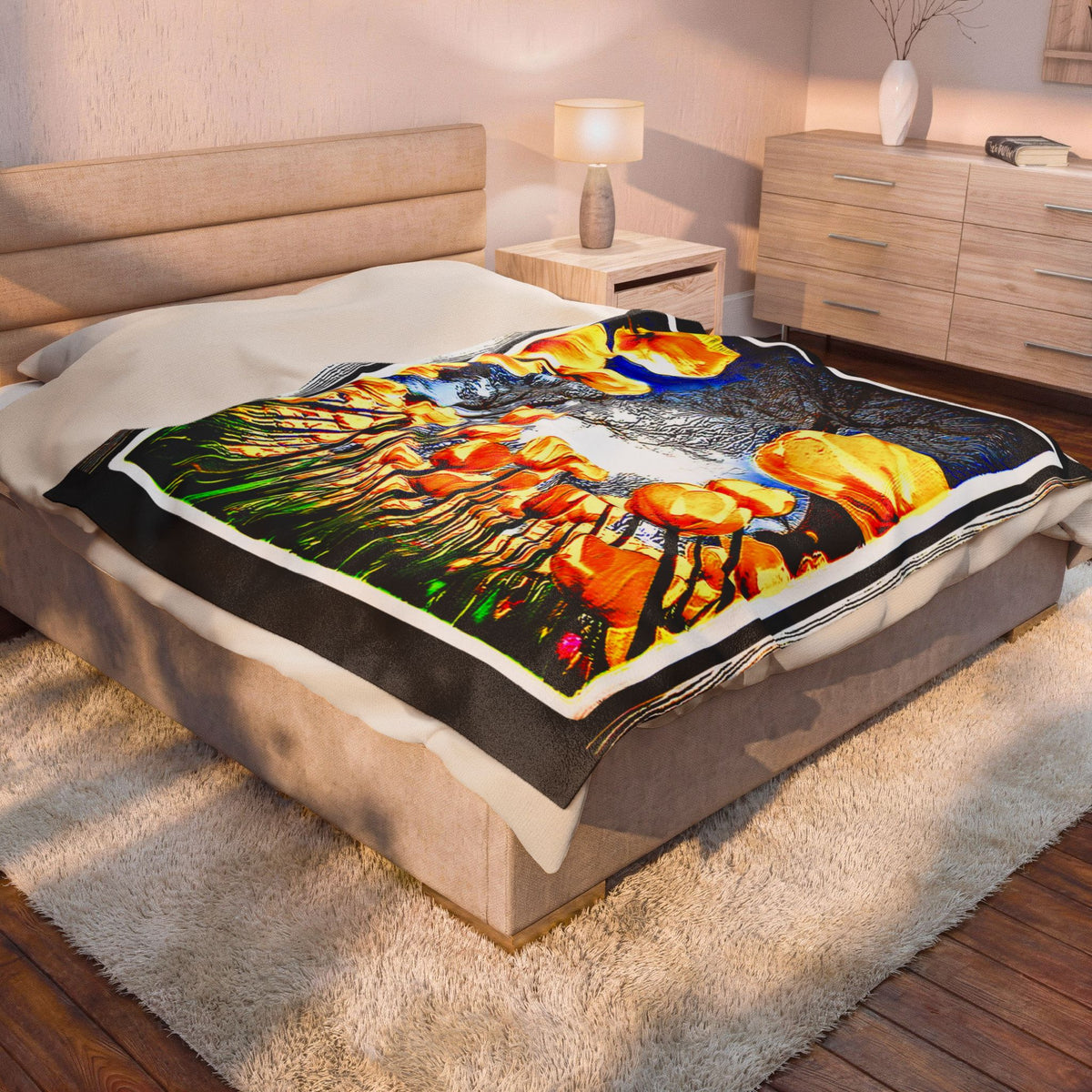 Large-size The Garden Beyond the Winter velveteen plush blanket spread over a queen bed in a modern, warm bedroom setting.