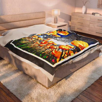 Large-size The Garden Beyond the Winter velveteen plush blanket spread over a queen bed in a modern, warm bedroom setting.