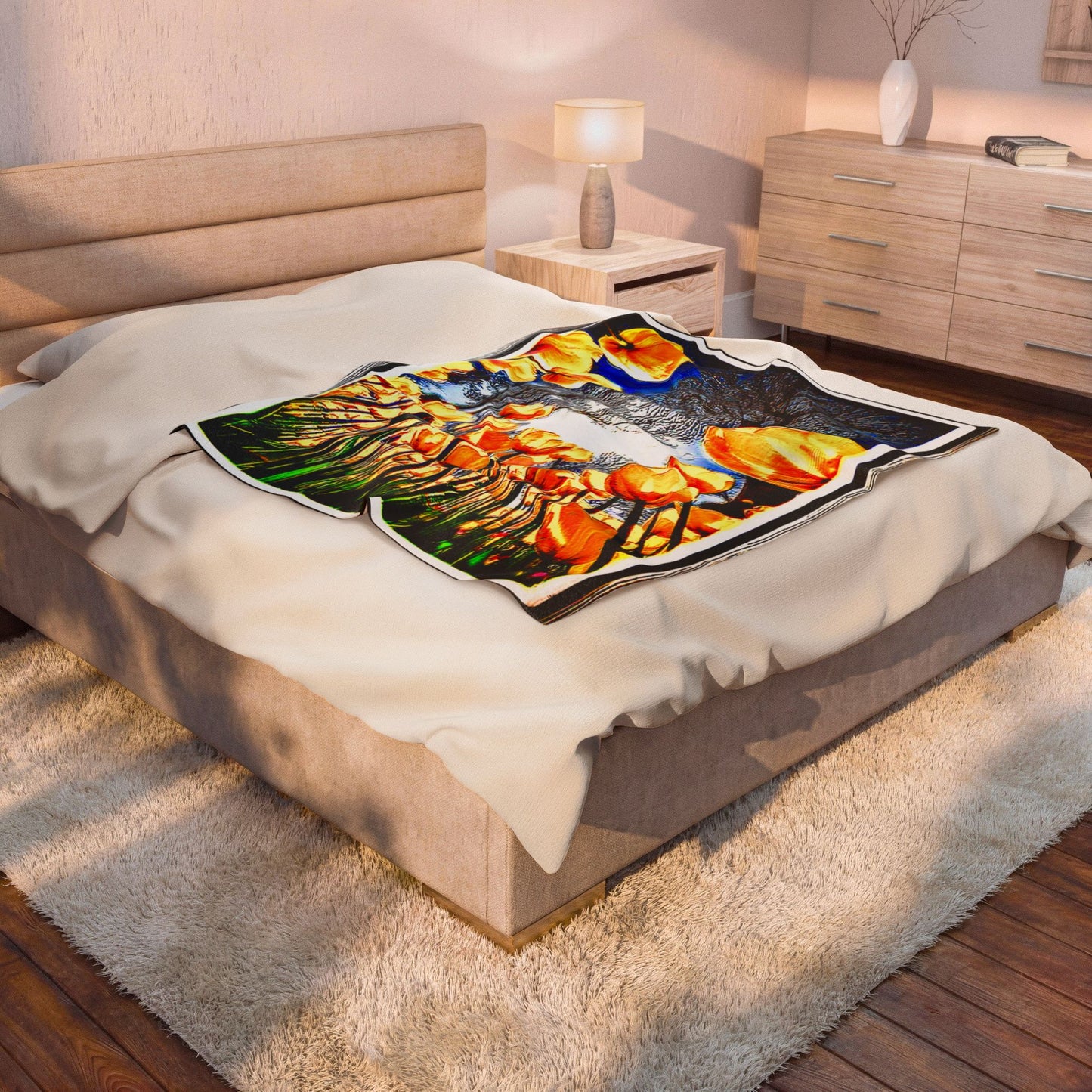 Medium size of The Garden Beyond the Winter velveteen blanket resting centered atop a modern queen bed with soft ambient lighting.
