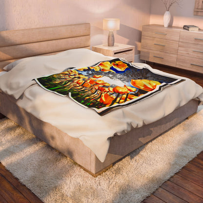 Medium size of The Garden Beyond the Winter velveteen blanket resting centered atop a modern queen bed with soft ambient lighting.