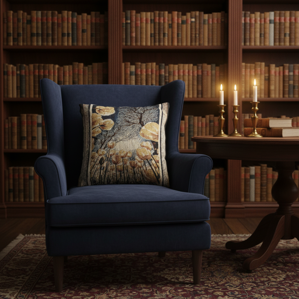 The Garden Beyond the Winter woven art pillow resting on a navy blue armchair in a dimly lit, candlelit home library with full wooden bookshelves.