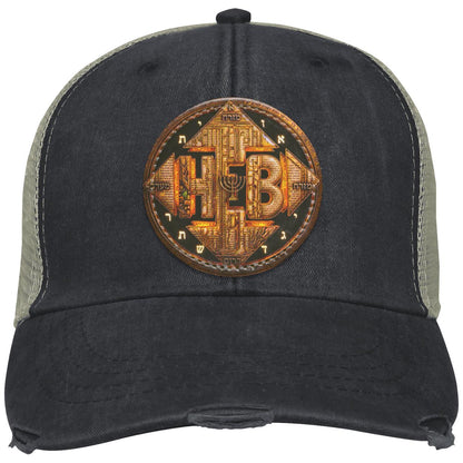 Front view of the black distressed Ollie cap showing a detailed circular emblem with a menorah, arrows, and Hebrew letters on a white background.
