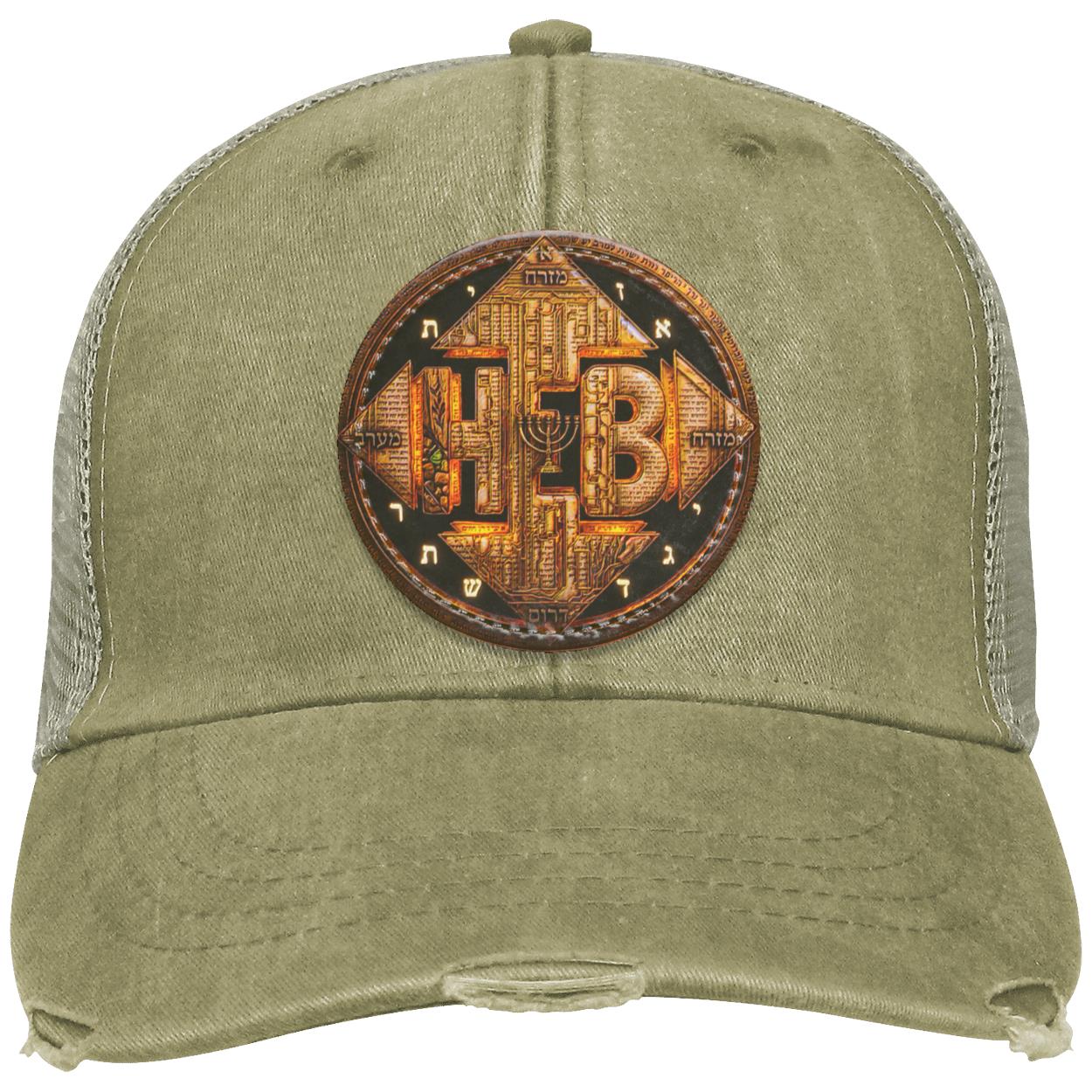 Isolated view of the olive green distressed Ollie cap featuring the circular Hebrew design patch with mesh back panels and frayed brim details.