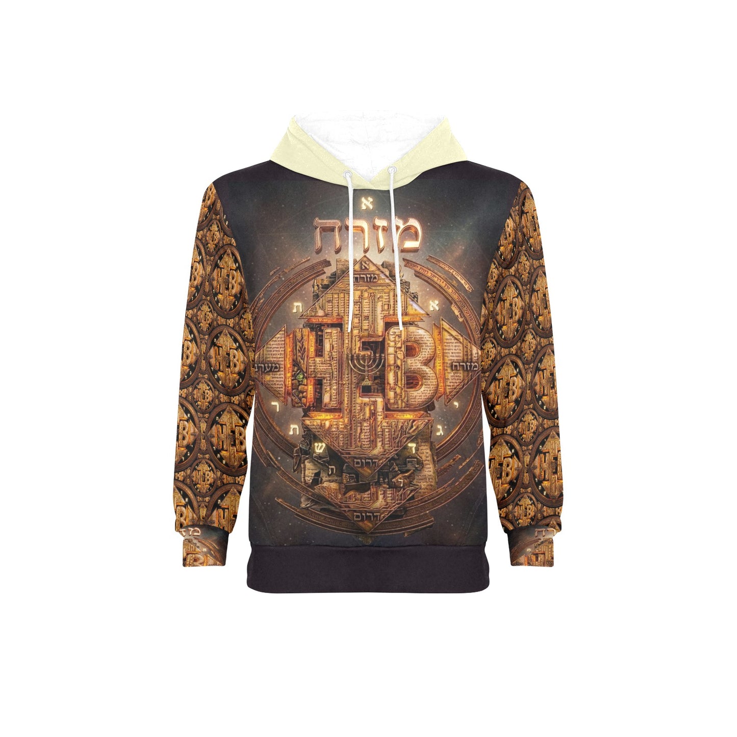 Studio product shot of the men's fleece hoodie front, displaying the intricate golden artwork, cream drawstring hood, and patterned sleeves on a white backgroun