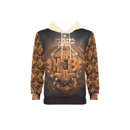 Studio product shot of the men's fleece hoodie front, displaying the intricate golden artwork, cream drawstring hood, and patterned sleeves on a white backgroun