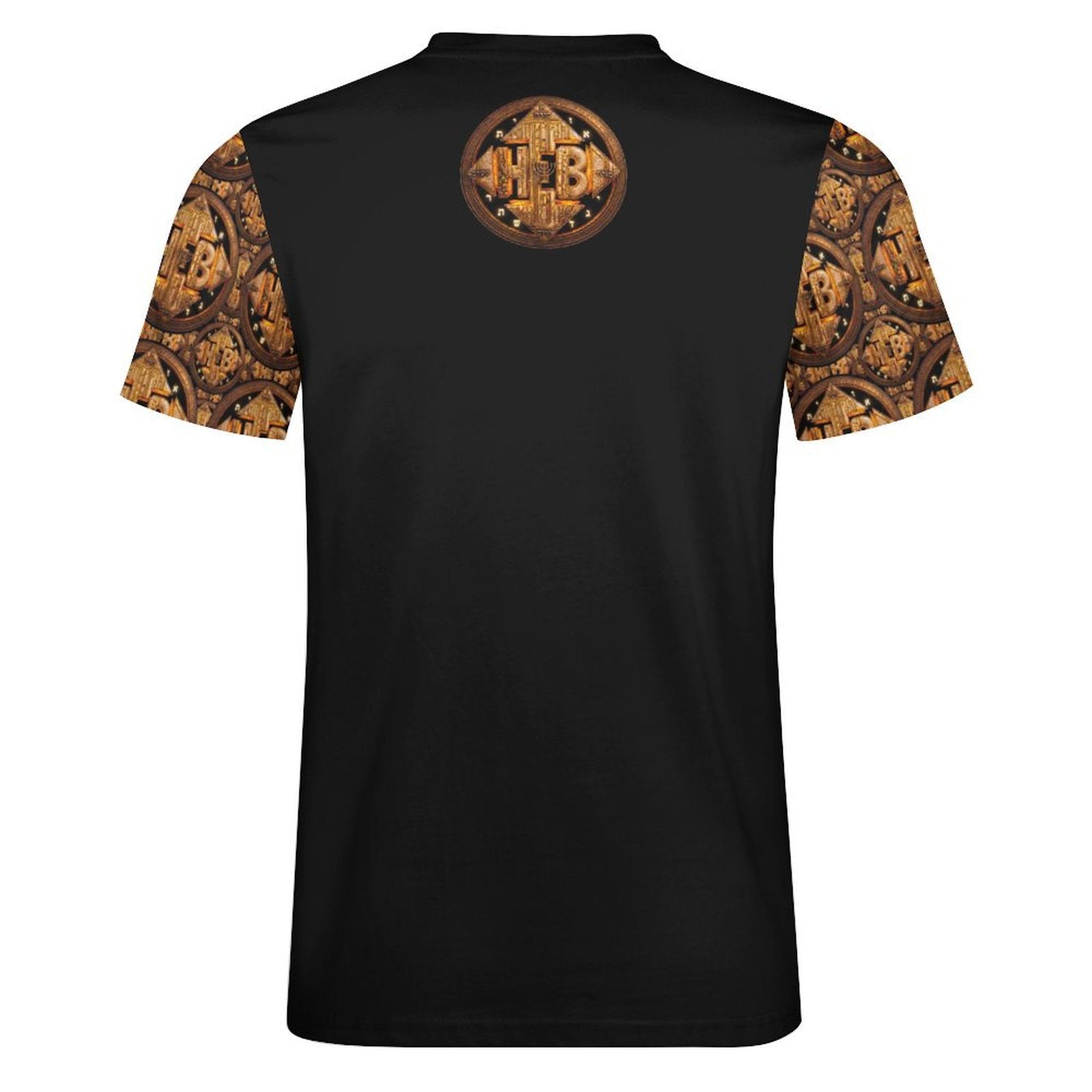 Back flat lay view of the black Hebrew World (02) Style (01) cotton shirt showing the small gold circular emblem and patterned sleeves.