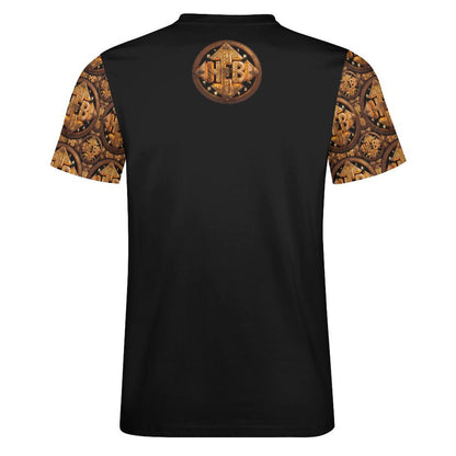 Back flat lay view of the black Hebrew World (02) Style (01) cotton shirt showing the small gold circular emblem and patterned sleeves.