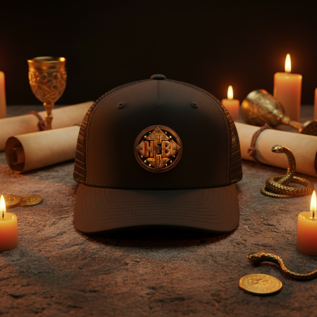 Black Hebrew World baseball cap with a gold emblem, displayed on a stone surface surrounded by lit candles, ancient scrolls, and golden artifacts.