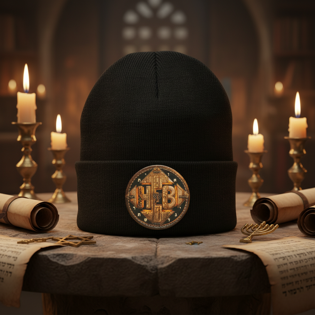 Black cuffed knit beanie with a circular HEB emblem on a stone table surrounded by lit candles, ancient scrolls, and Jewish symbols.