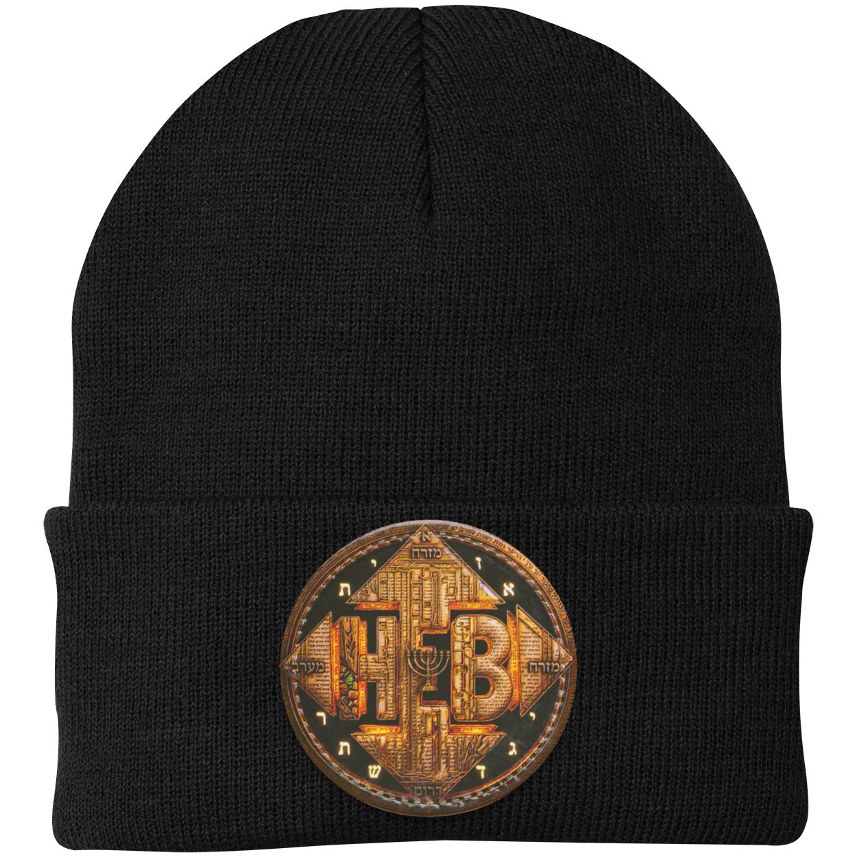 Black cuffed knit beanie featuring a detailed circular HEB emblem with Hebrew script and a menorah design, isolated on a white background.