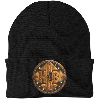 Black cuffed knit beanie featuring a detailed circular HEB emblem with Hebrew script and a menorah design, isolated on a white background.