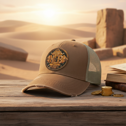 Brown distressed Ollie trucker hat with a theological patch, placed on a wood table next to gold coins and books against a sunny desert landscape.