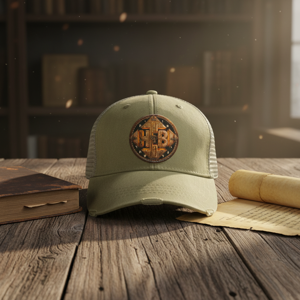 Olive green distressed Ollie cap featuring a circular Hebrew design patch, resting on a wooden table between an old leather book and a paper scroll.
