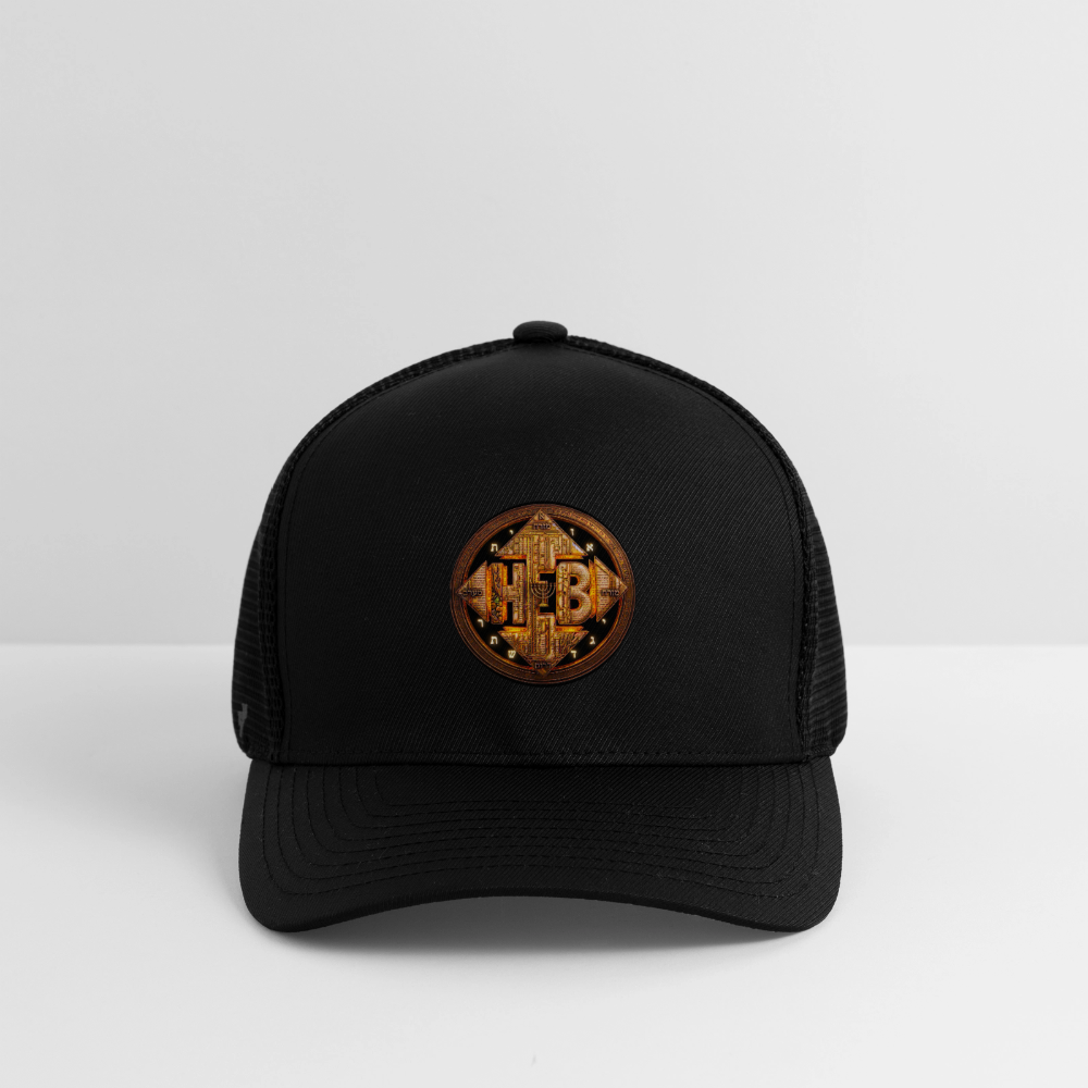 Front view of the black Hebrew World: Four Corners of the Faith fitted baseball cap featuring a circular gold metallic emblem on a clean white background.