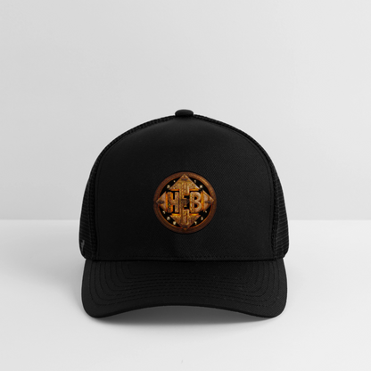 Front view of the black Hebrew World: Four Corners of the Faith fitted baseball cap featuring a circular gold metallic emblem on a clean white background.