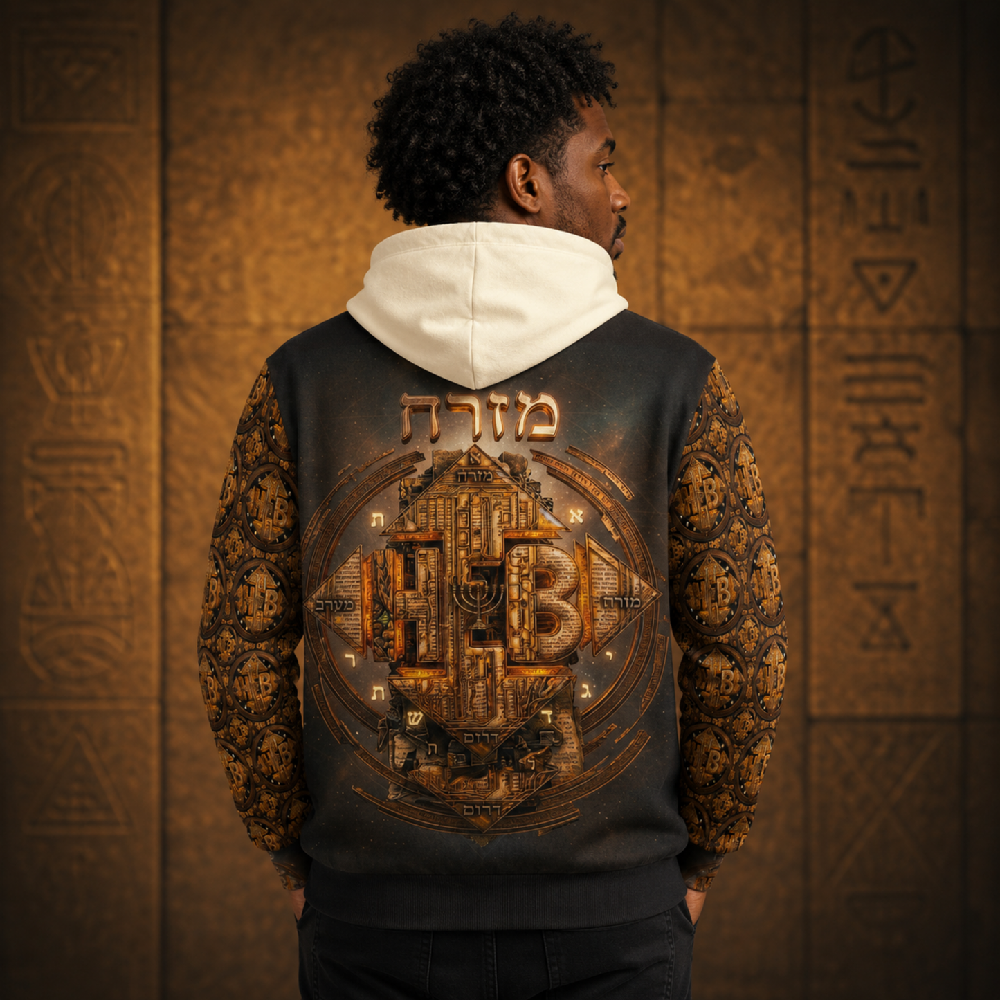 Rear view of a man wearing the fleece hoodie, highlighting the large "Four Corners of the Faith" compass graphic spanning across the back.