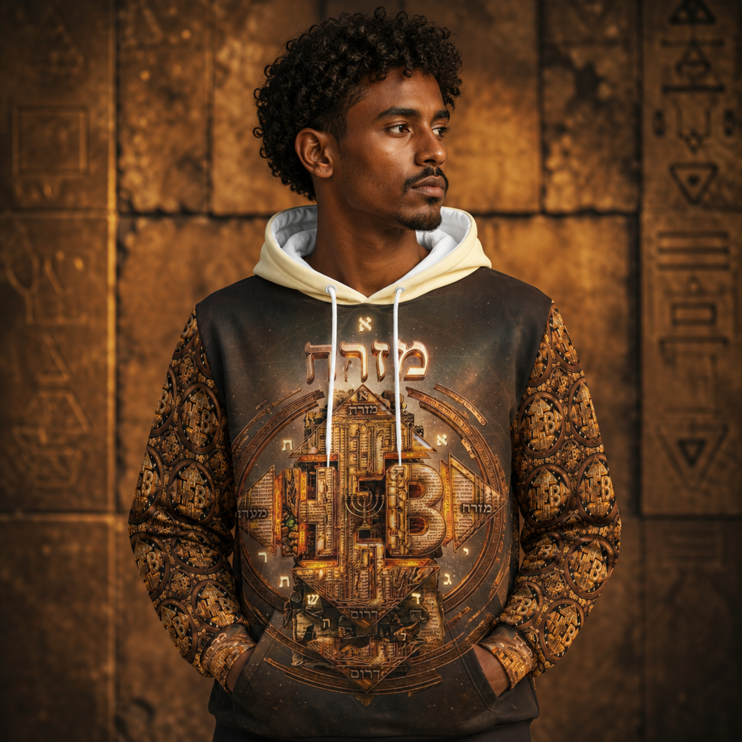 Front view of a man wearing the Hebrew World fleece hoodie, showing the ornate cosmic compass design with a menorah and Hebrew lettering.