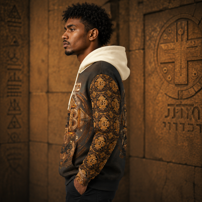 Left side profile view showing the left sleeve of the fleece hoodie, covered in a detailed repeating pattern of golden circular emblems on a dark background.