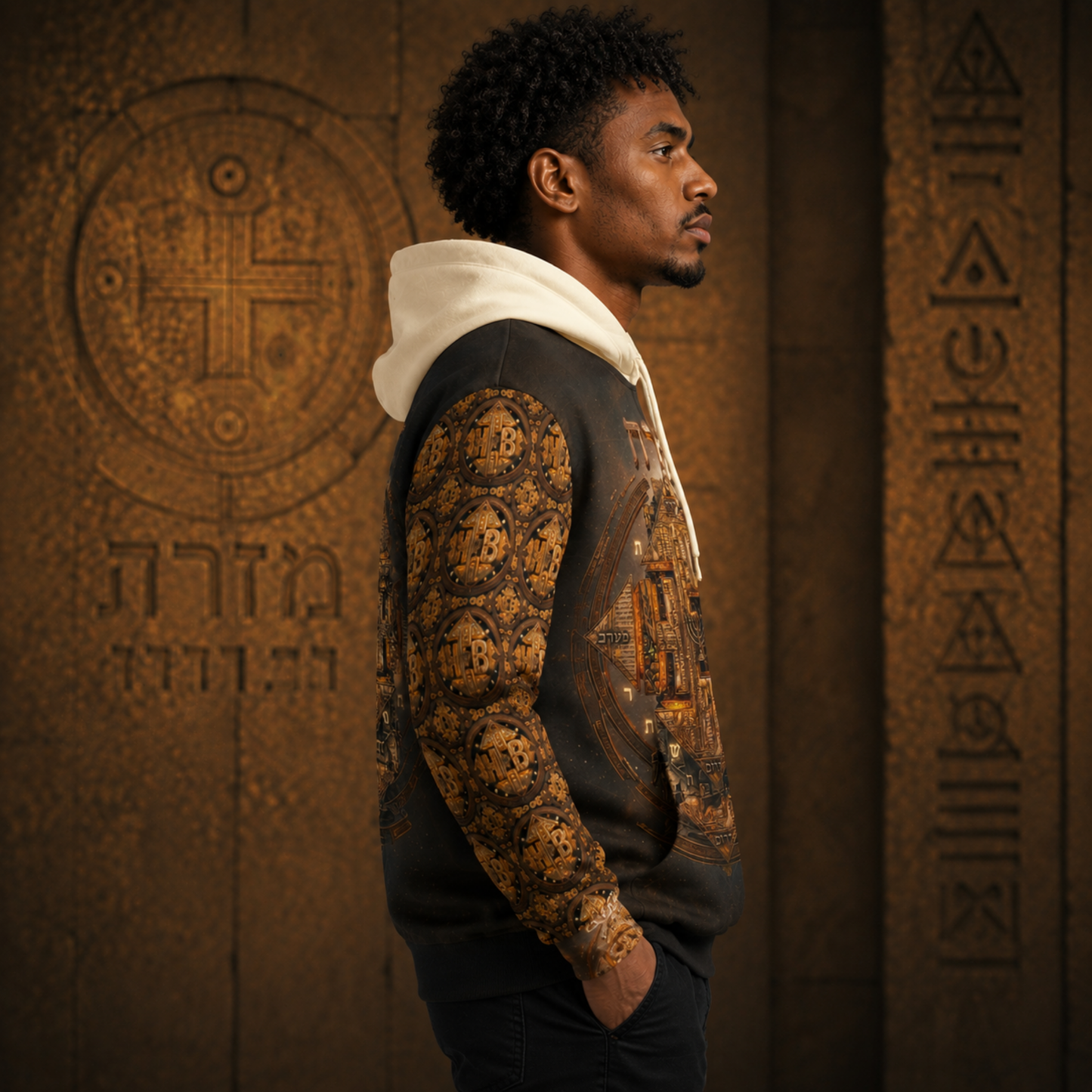 Right side profile showing the left sleeve of the fleece hoodie, covered in a detailed repeating pattern of golden circular emblems on a dark background.