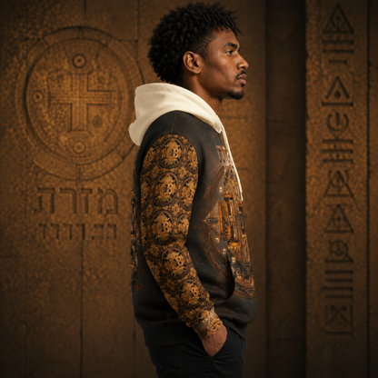 Right side profile showing the left sleeve of the fleece hoodie, covered in a detailed repeating pattern of golden circular emblems on a dark background.