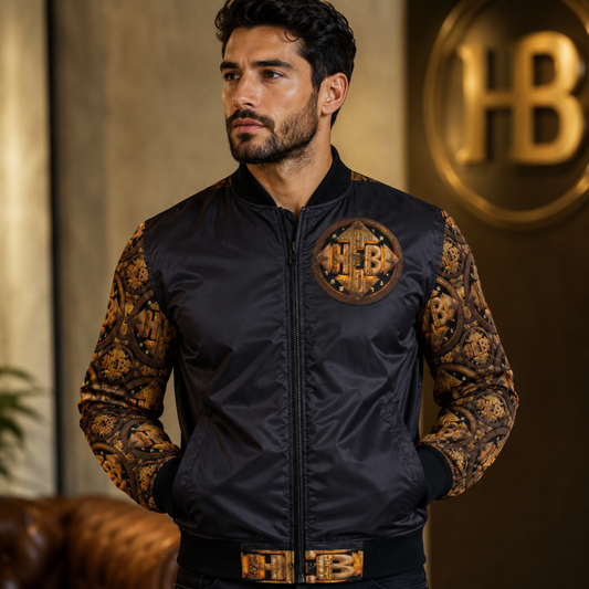Front view of a man wearing the Hebrew World black quilted bomber jacket featuring ornate gold-patterned sleeves and a chest emblem.