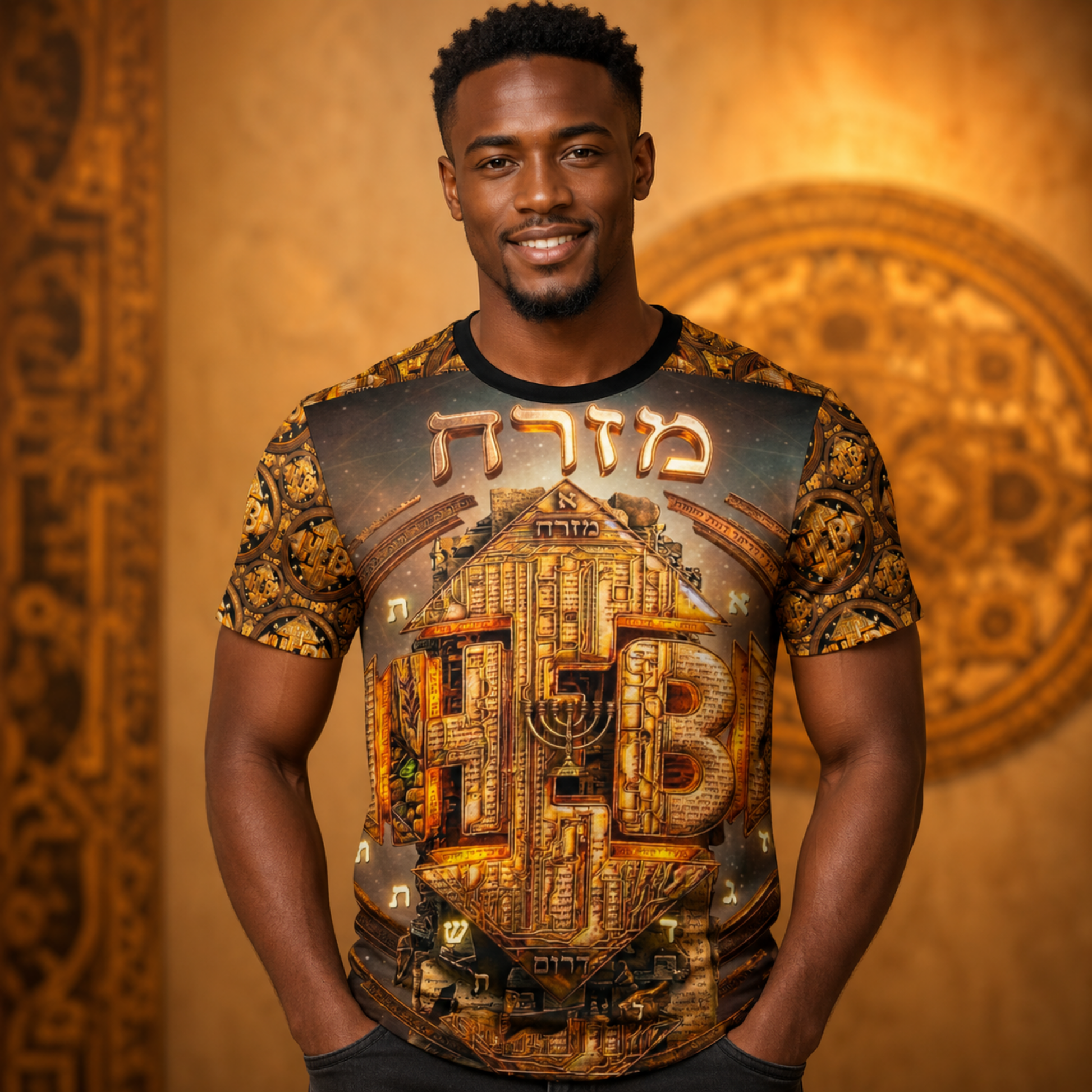 Smiling man wearing the Hebrew World Four Corners of the Faith cotton t-shirt featuring intricate golden graphics and Hebrew text.