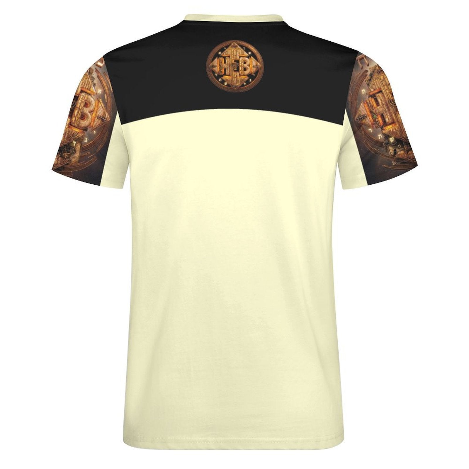 Back flat view of the Hebrew World (02) Style (02) shirt, showcasing the cream body color, black shoulder block, and central circular Hebrew emblem.