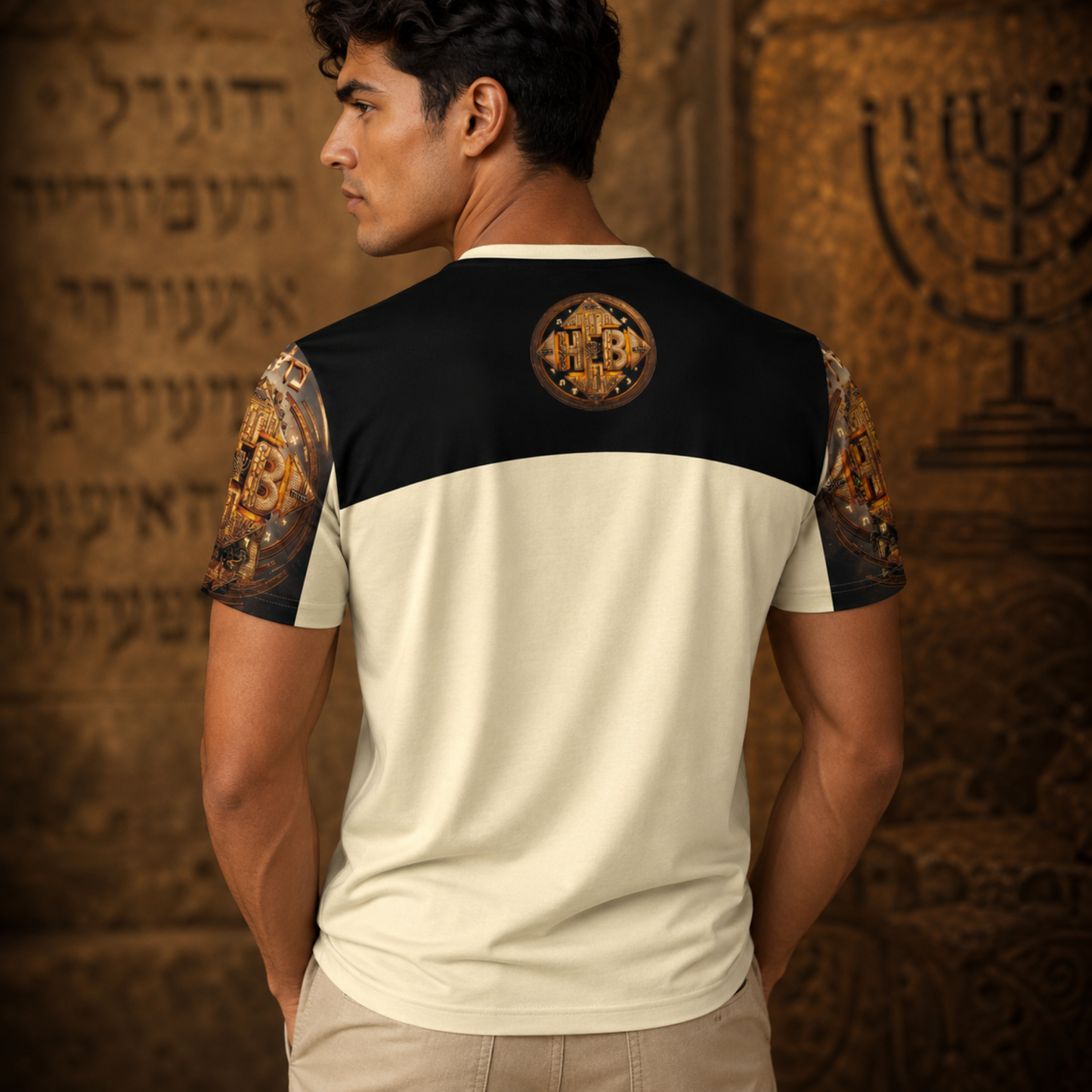 Rear view of a model wearing the Hebrew World (02) t-shirt, highlighting the cream back panel and a circular gold logo on a black upper yoke.