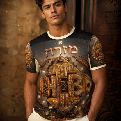 A male model wearing the Hebrew World (02) Four Corners of the Faith men's cotton t-shirt featuring intricate gold Hebrew graphics on the front.