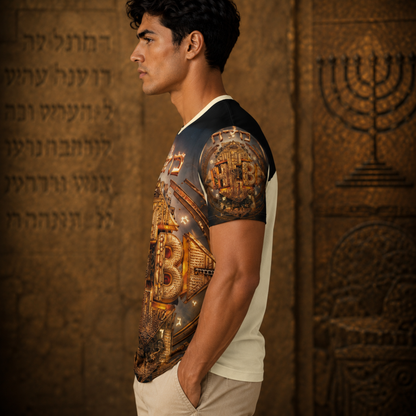 Left side view of a model in the Hebrew World (02) cotton tee, displaying the graphic design extending seamlessly from the torso to the short sleeve.
