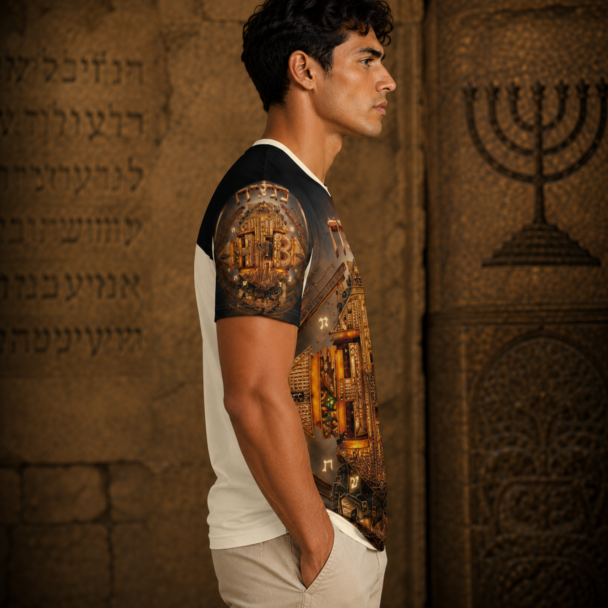 Side profile of a man modeling the Hebrew World (02) t-shirt, showcasing the detailed gold pattern printed across the right sleeve and shoulder.
