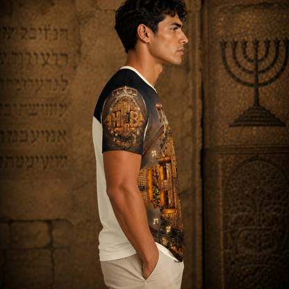 Side profile of a man modeling the Hebrew World (02) t-shirt, showcasing the detailed gold pattern printed across the right sleeve and shoulder.