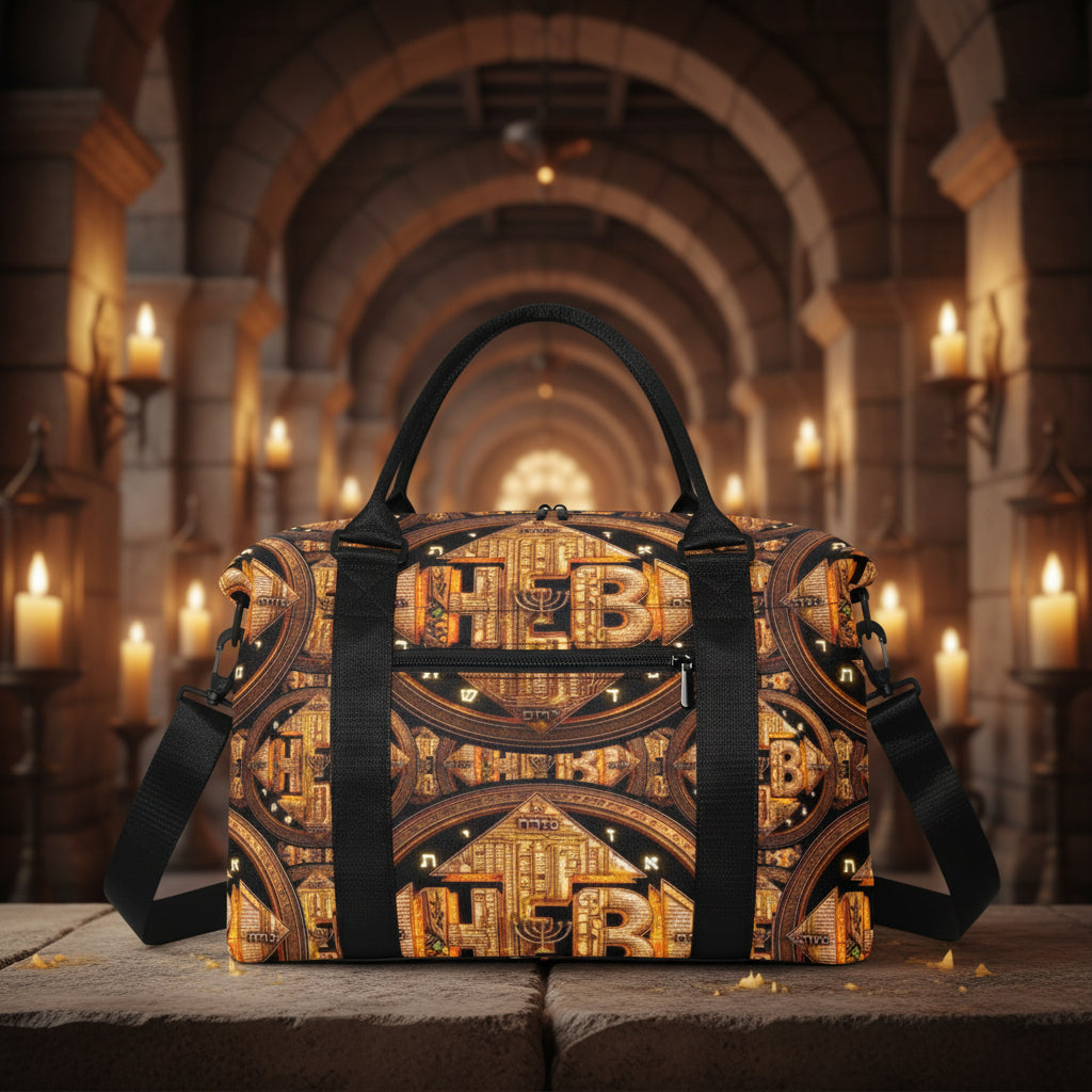 Back view of the Hebrew World Four Corners of the Faith mini duffle bag with a zipper pocket, displayed against an arched candlelit hallway.