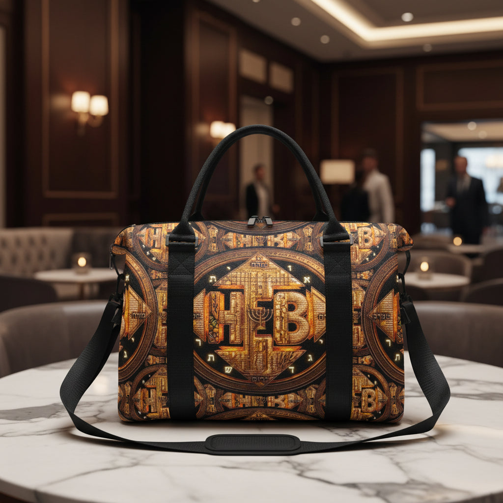 Front view of the Hebrew World Four Corners of the Faith mini weekender duffle bag sitting on a marble table in a luxury lounge setting.