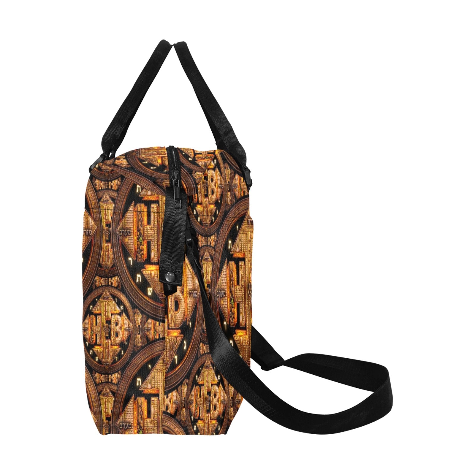 Left side profile of the Hebrew World Four Corners of the Faith mini weekender duffle bag showcasing the detailed pattern and black shoulder strap.