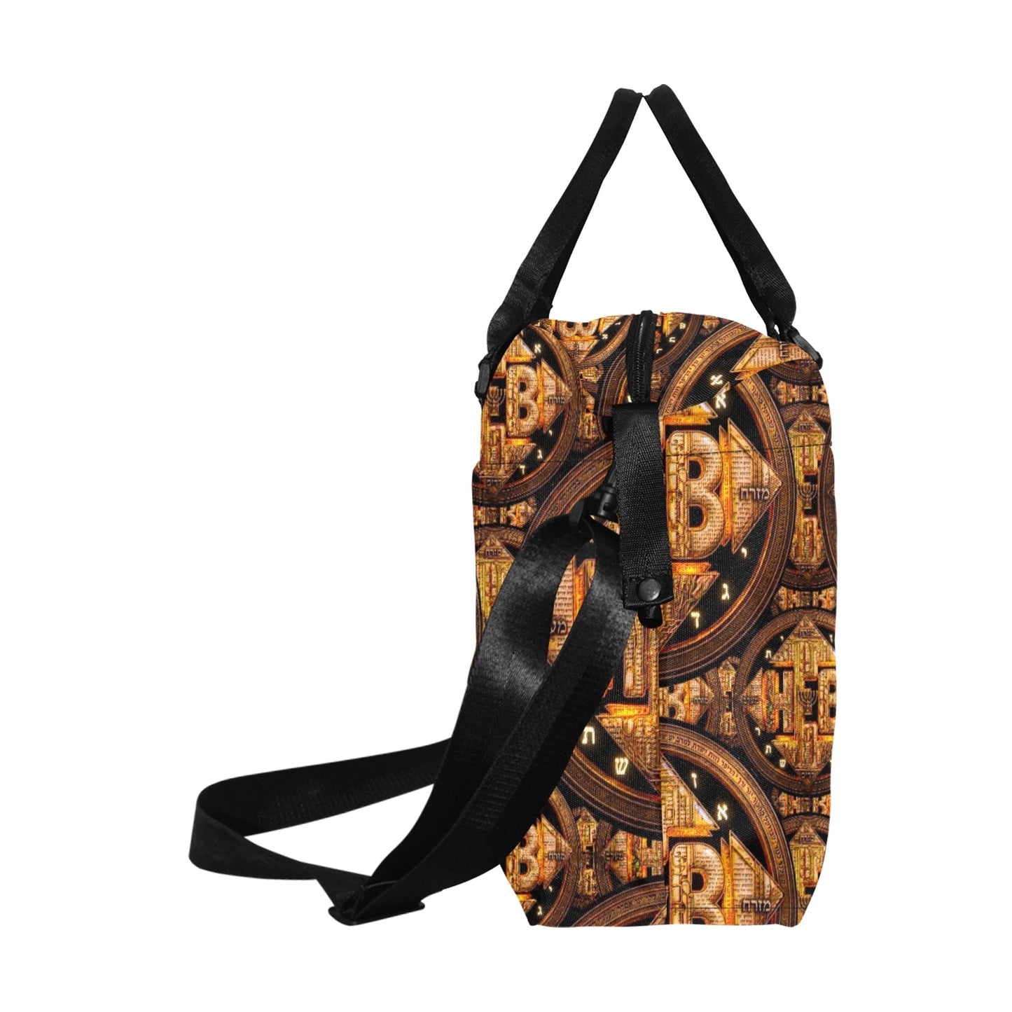 Right side profile of the Hebrew World Four Corners of the Faith mini duffle bag featuring the intricate golden HEB script pattern on a white background.