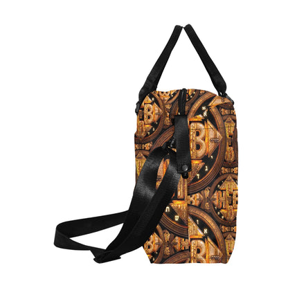 Right side profile of the Hebrew World Four Corners of the Faith mini duffle bag featuring the intricate golden HEB script pattern on a white background.