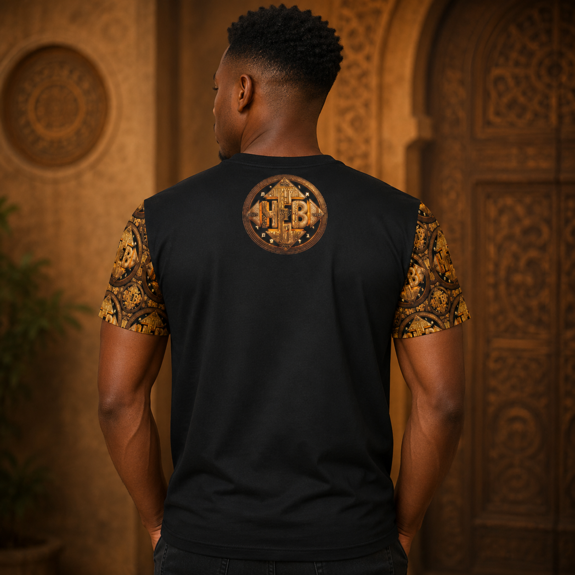 Rear view of a man wearing the black Hebrew World t-shirt, highlighting the gold circular emblem on the upper back and patterned sleeves.