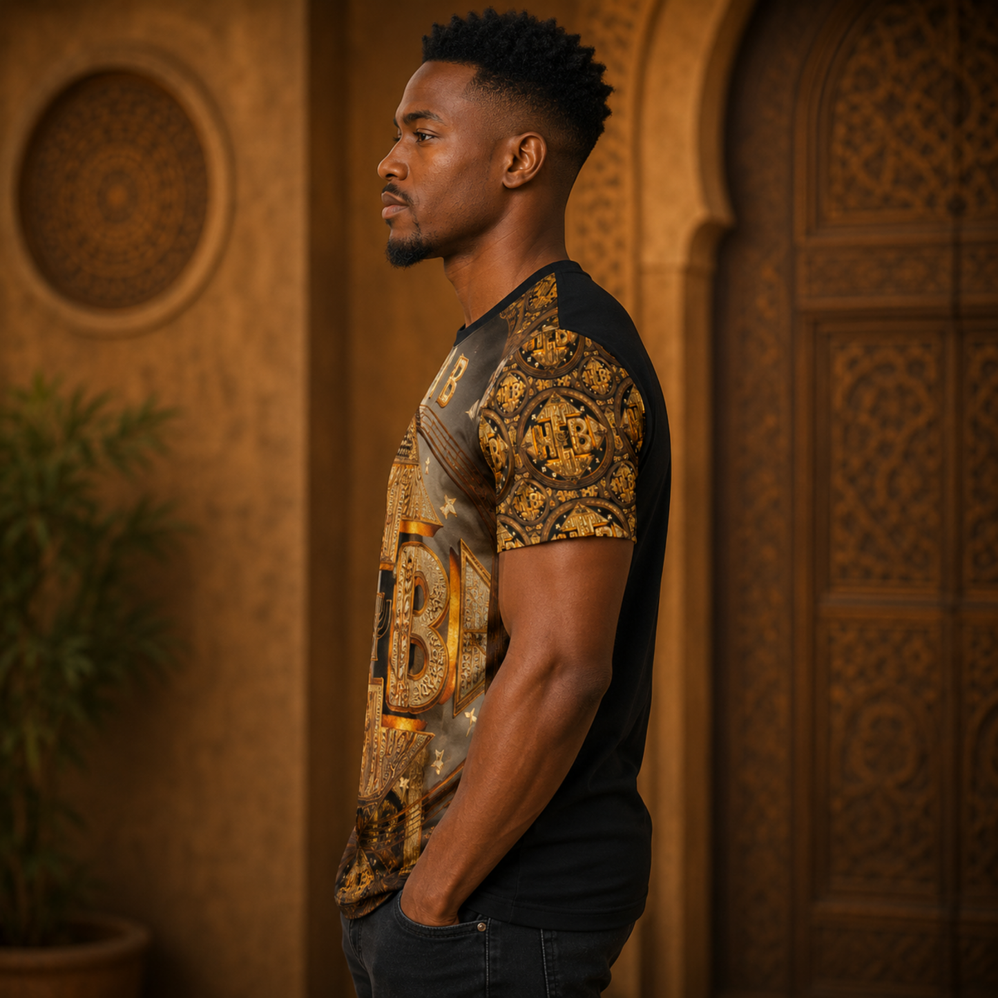 Left side profile view of a man showcasing the Hebrew World cotton t-shirt with golden geometric sleeve artwork and side graphics.