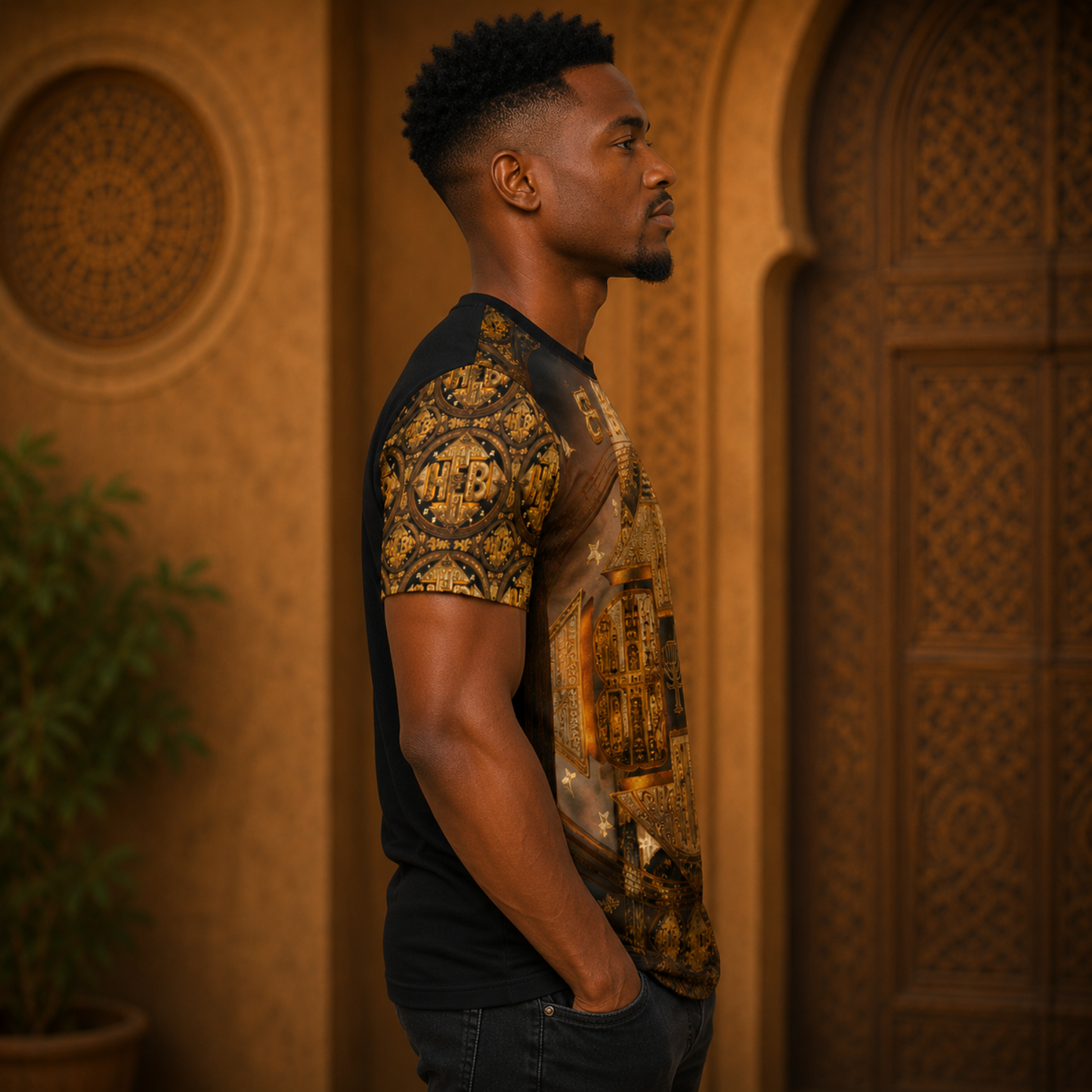 Right side profile view of a man modeling the black Hebrew World cotton t-shirt with detailed golden patterns on the short sleeve.